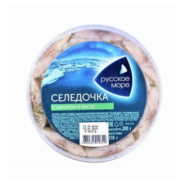 Сельдь фииле-кусочки Русское море с укропом в масле слабосоленая 200г