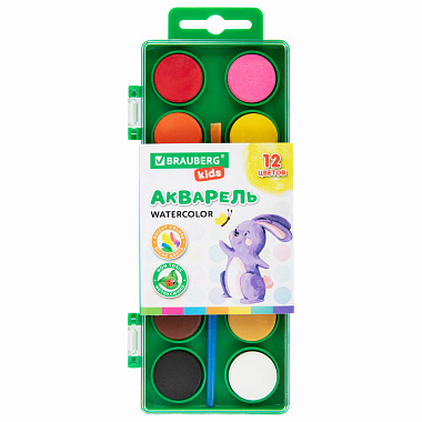 Краски акварельные BRAUBERG KIDS 12 ярких цветов круглые кюветы пластиковый пенал 191806