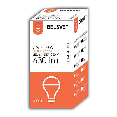 Лампа светодиодная Belsvet LED-M A60 7W 3000KE27
