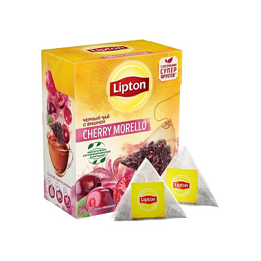 Черный чай LIPTON в пирамидках Cherry Morello с кусочками вишни 25 пакетиков