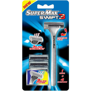 Станок для бритья многоразовый Super-Max Kwik 3  + 4 сменных картриджа с тройным лезвием