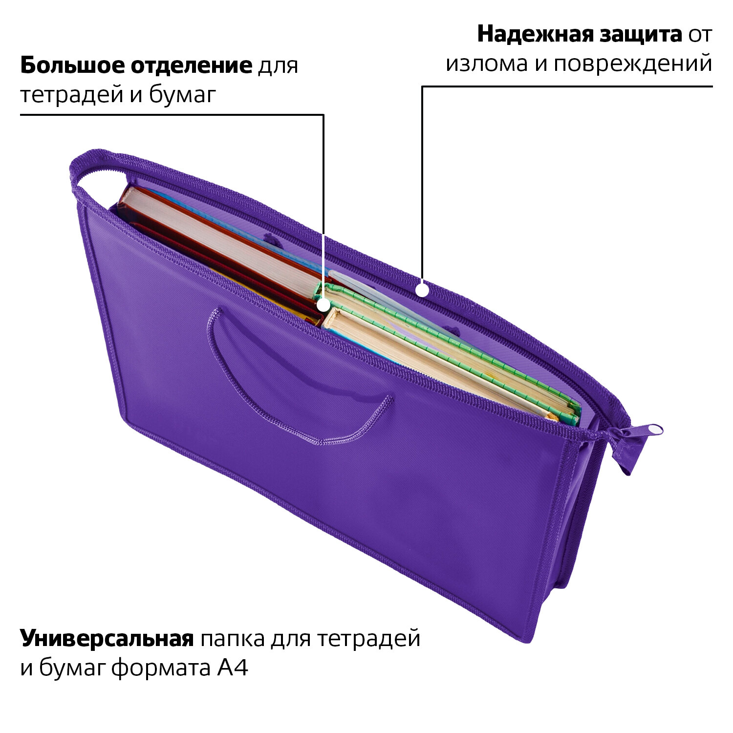 Папка на молнии с ручками Пифагор А4 1 отделение пластик в ассортименте ...